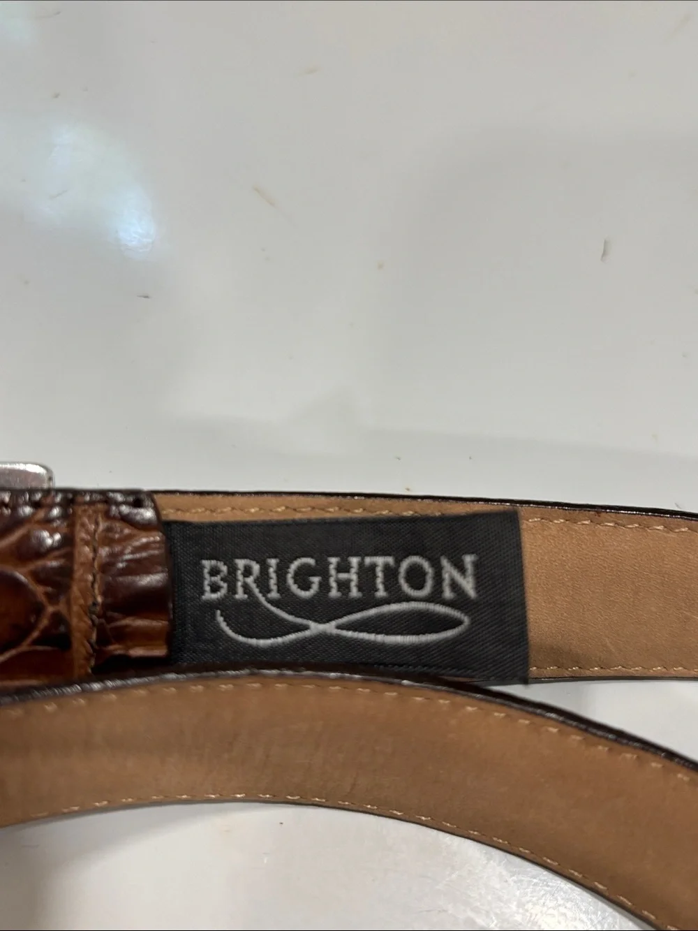 Brighton Brown Crocodile-Embossed Leather Belt with Silver Decorative Buckle